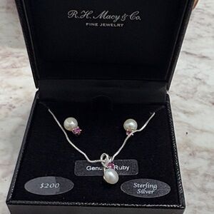 Sterling Silver Pearl and Ruby Necklace & Earring Set - White Pearls